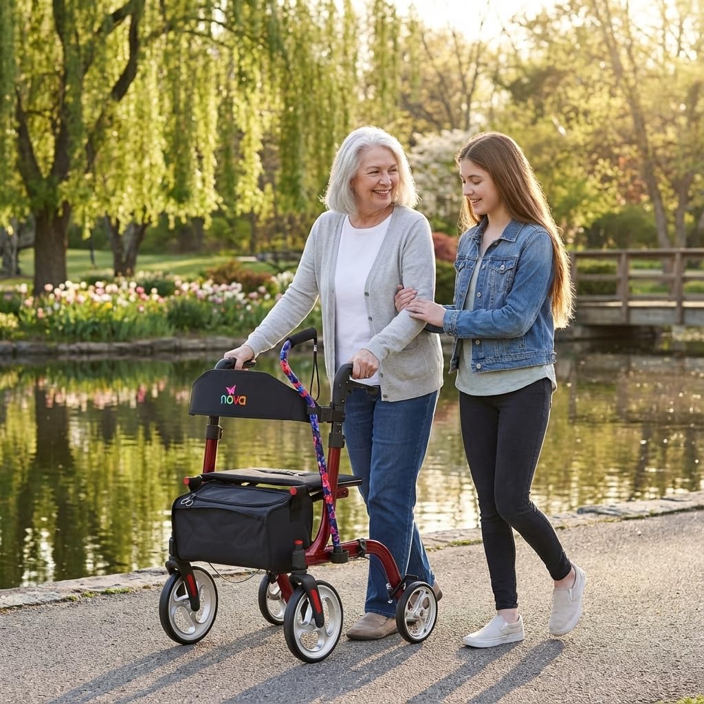 Red Compact Foldable Rollator Walker with Cane Holder L500