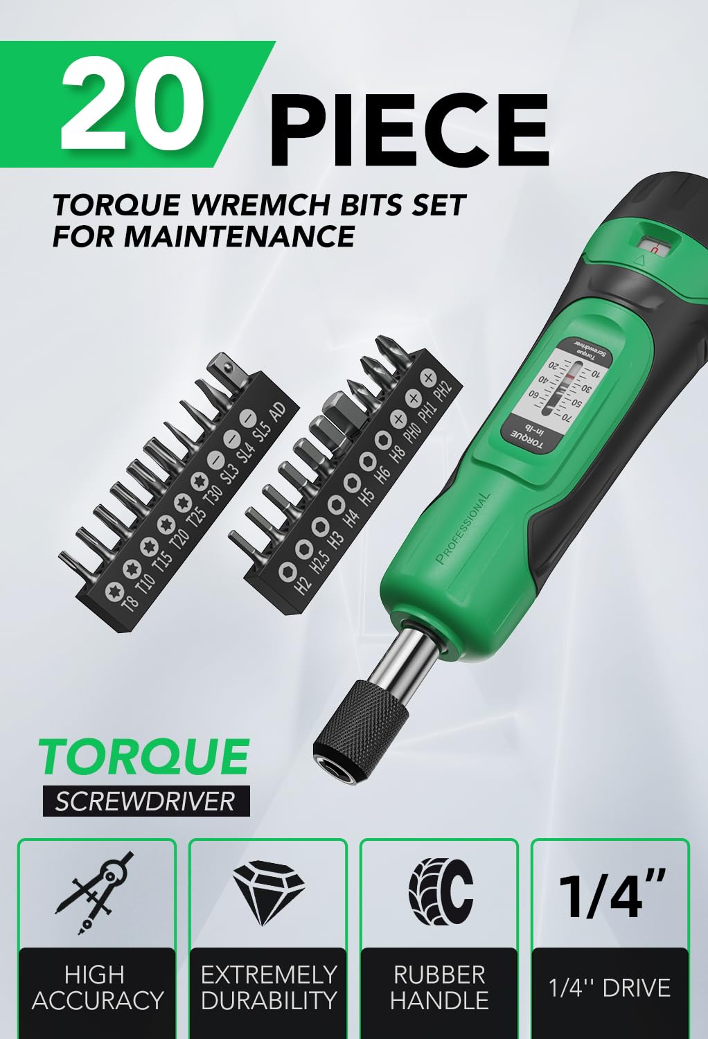 1/4" Drive 10-70 Inch Pounds 20 Pcs Torque Screwdriver Set Y941