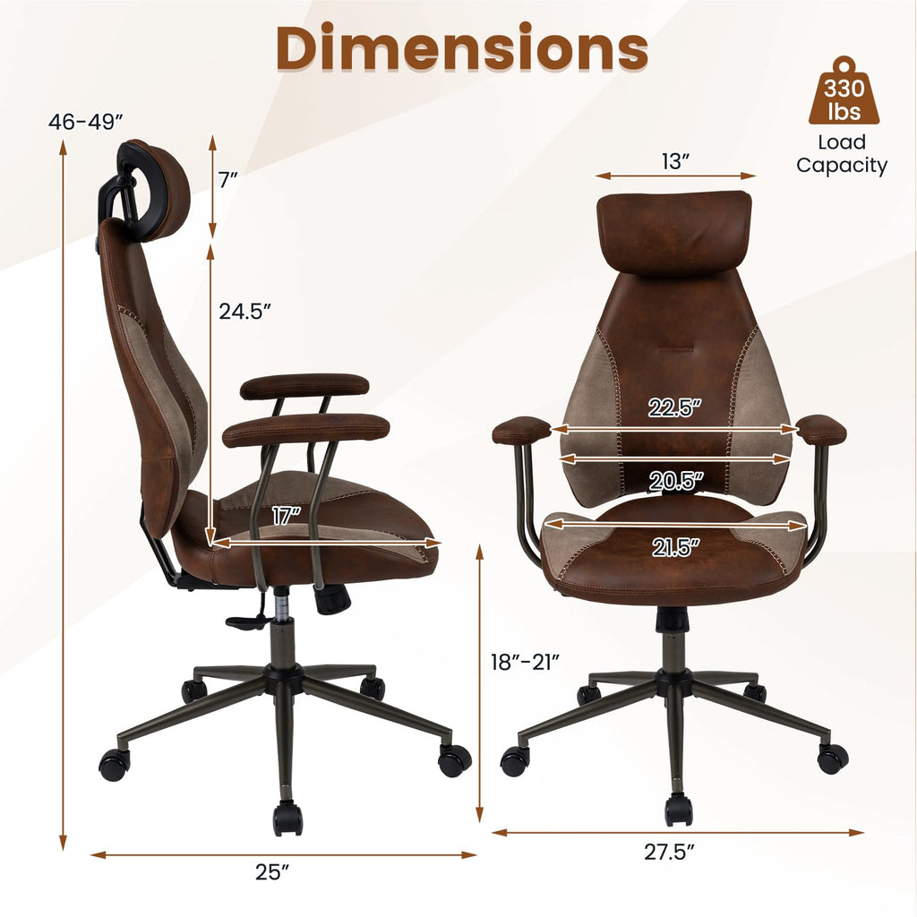 Brown Faux Fur Ergonomic Office Chair with Headrest and Wheels R667