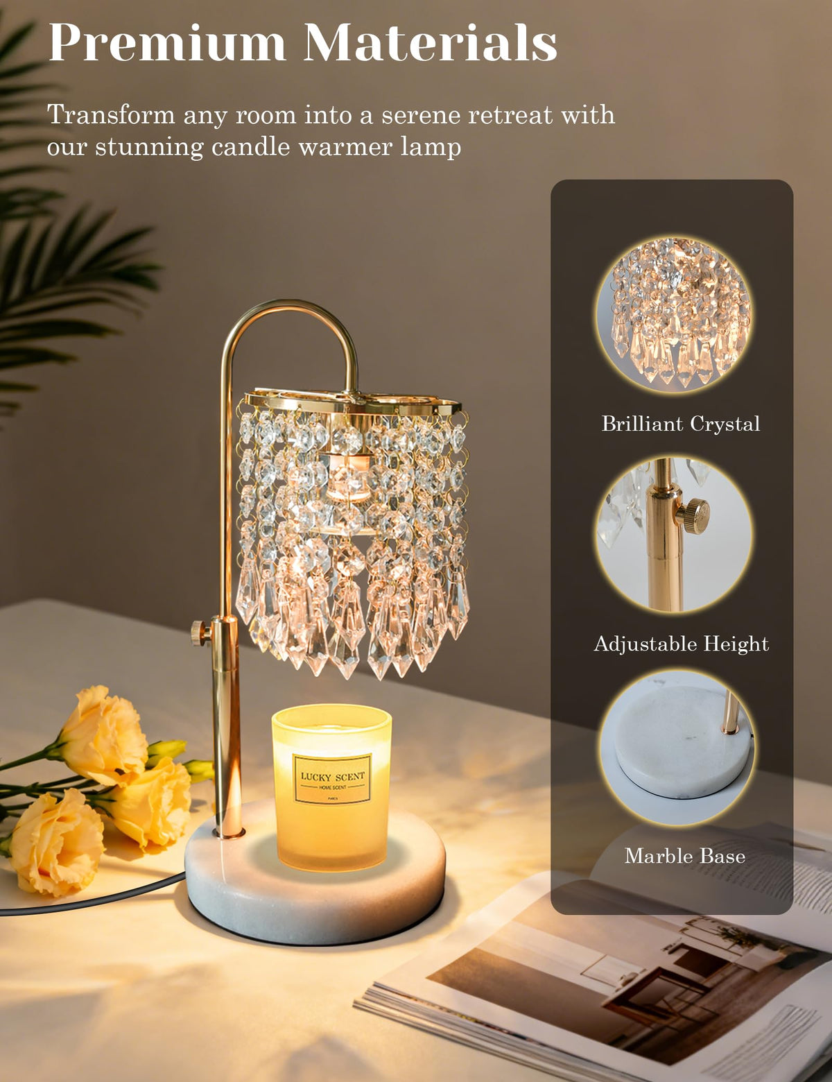 Candle Warmer Lamp with Timer Dimmable Adjustable Height Gold Y541