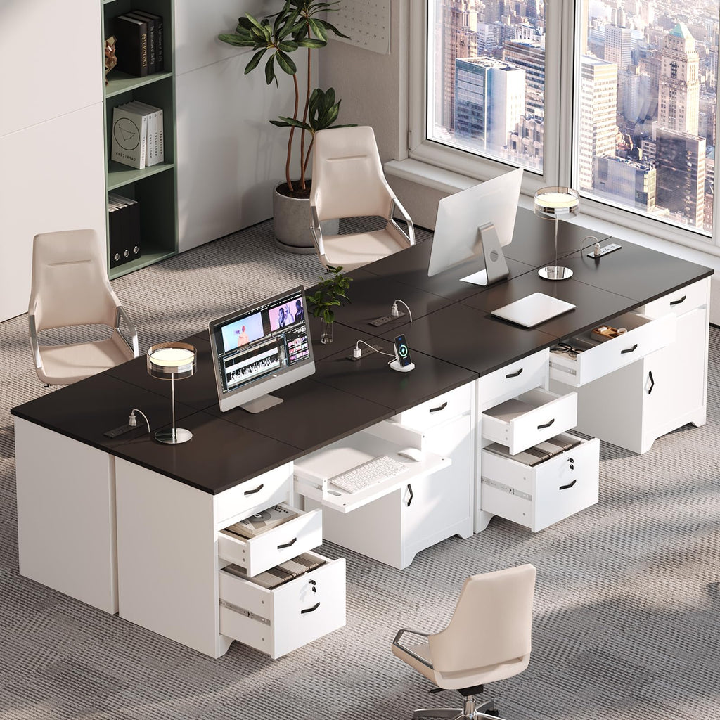 White Office Desk with Lockable Drawers and Charging Station O715