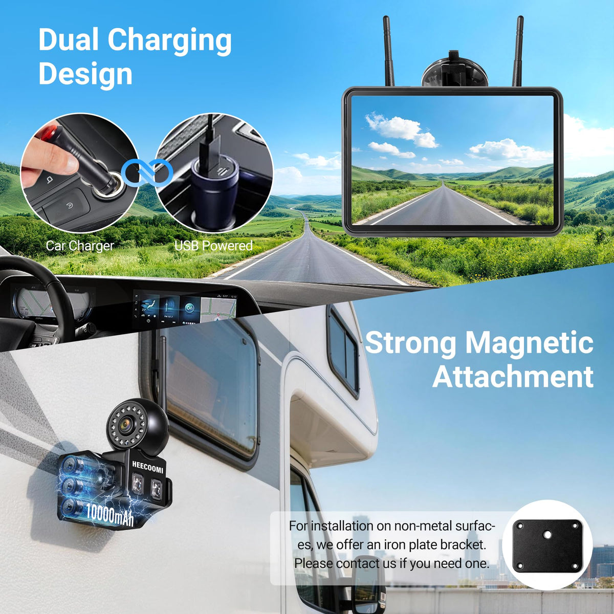 Magnetic Wireless Solar Backup Camera with 7" 1080P Touchscreen Monitor K502