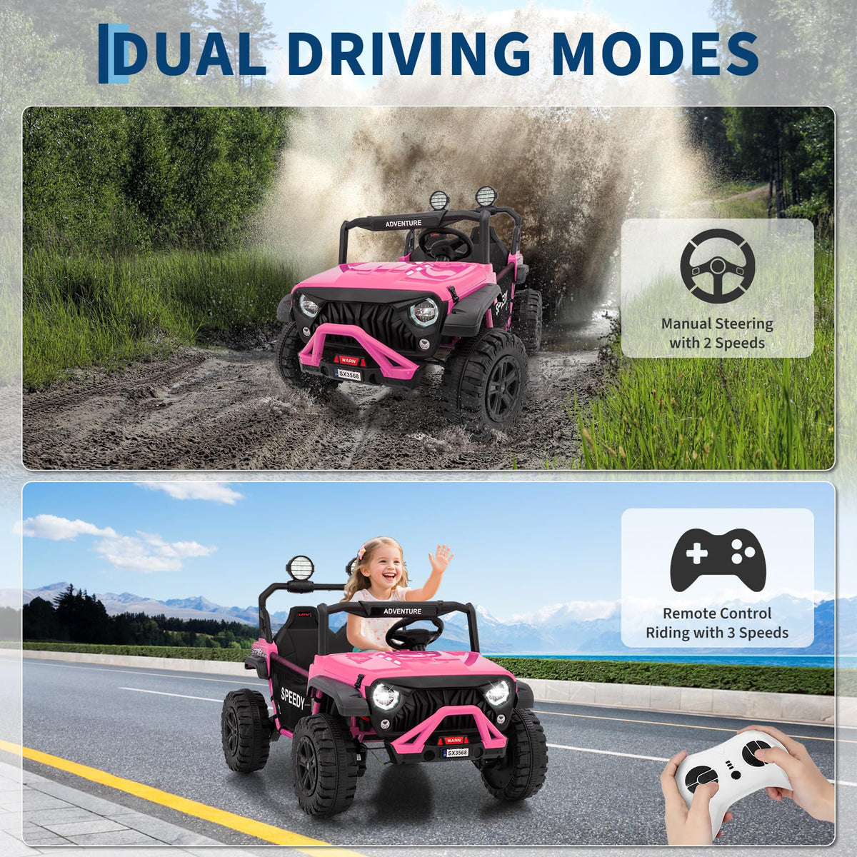 24V 4WD 2 Seater Ride on Car with Remote Control, Pink Z318