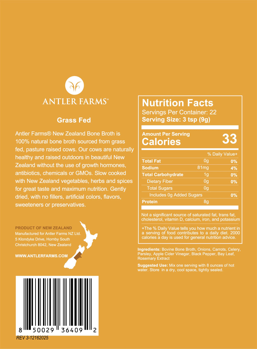 100% Grass Fed New Zealand Bone Broth Powder, 40 Servings, 200g U42231