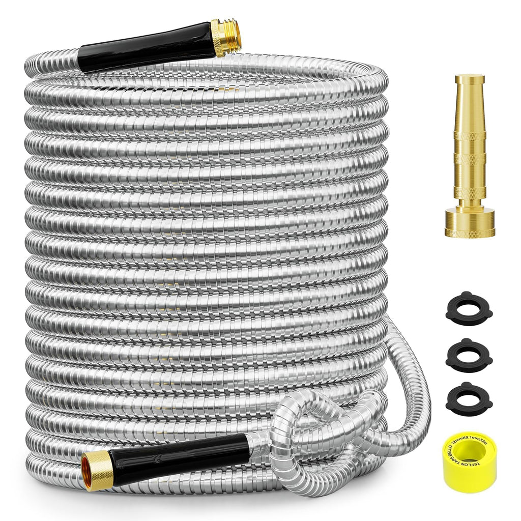 100ft 304 Stainless Steel Metal Garden Hose with Rubber Grip X15014