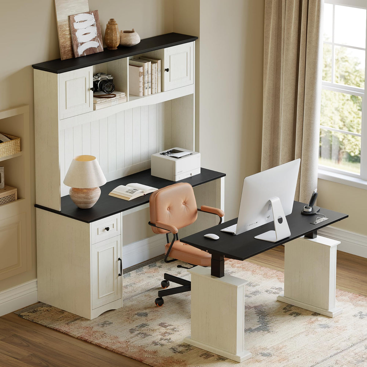 L Shaped Electric Standing Desk with Hutch and Drawers V33810