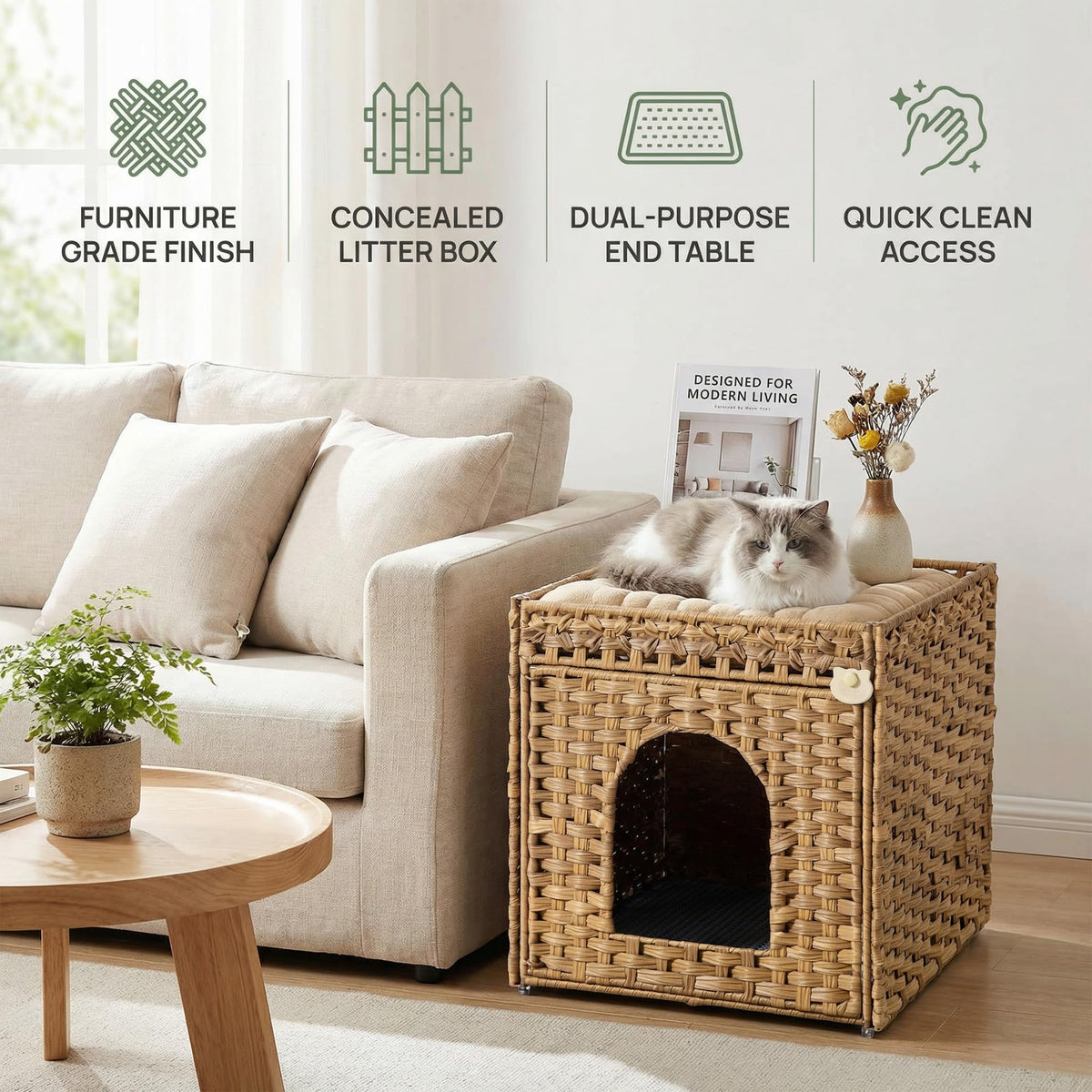Rattan Cat Litter Box Enclosure Cabinet with Mat C258201