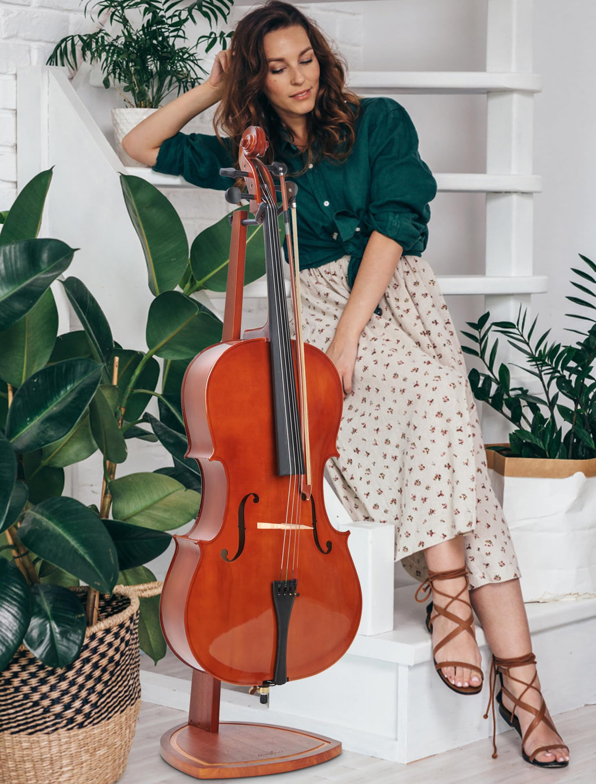 Mahogany Wood Cello Stand with Bow Holder I596008