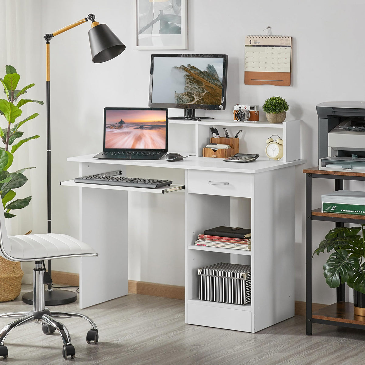 White Computer Desk with Keyboard Tray, Drawers, and Shelves R26811
