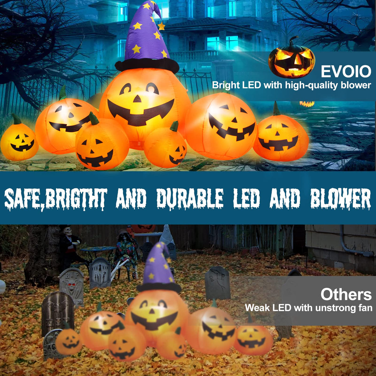 8 FT Inflatable Pumpkins and Witch Hat with Built-in LED Lights U12529