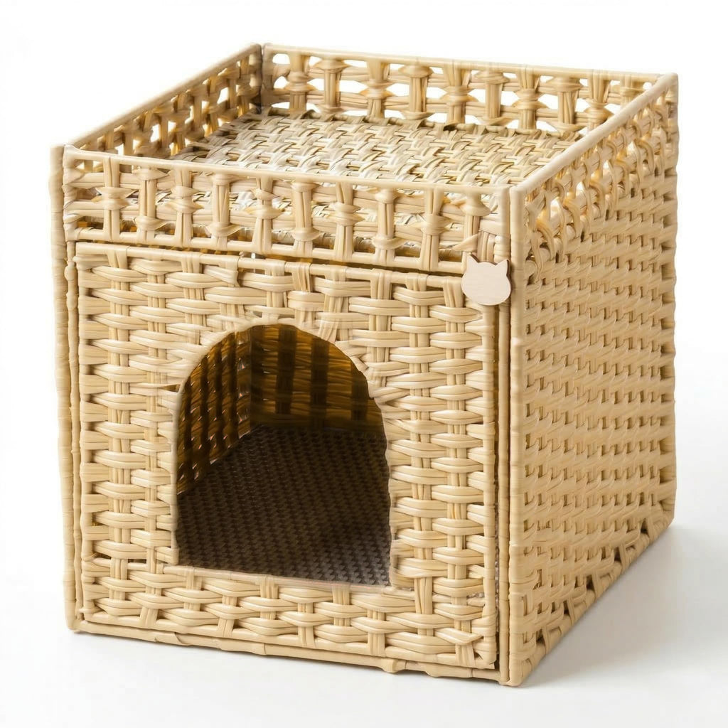 Rattan Cat Litter Box Enclosure Cabinet with Mat C258201