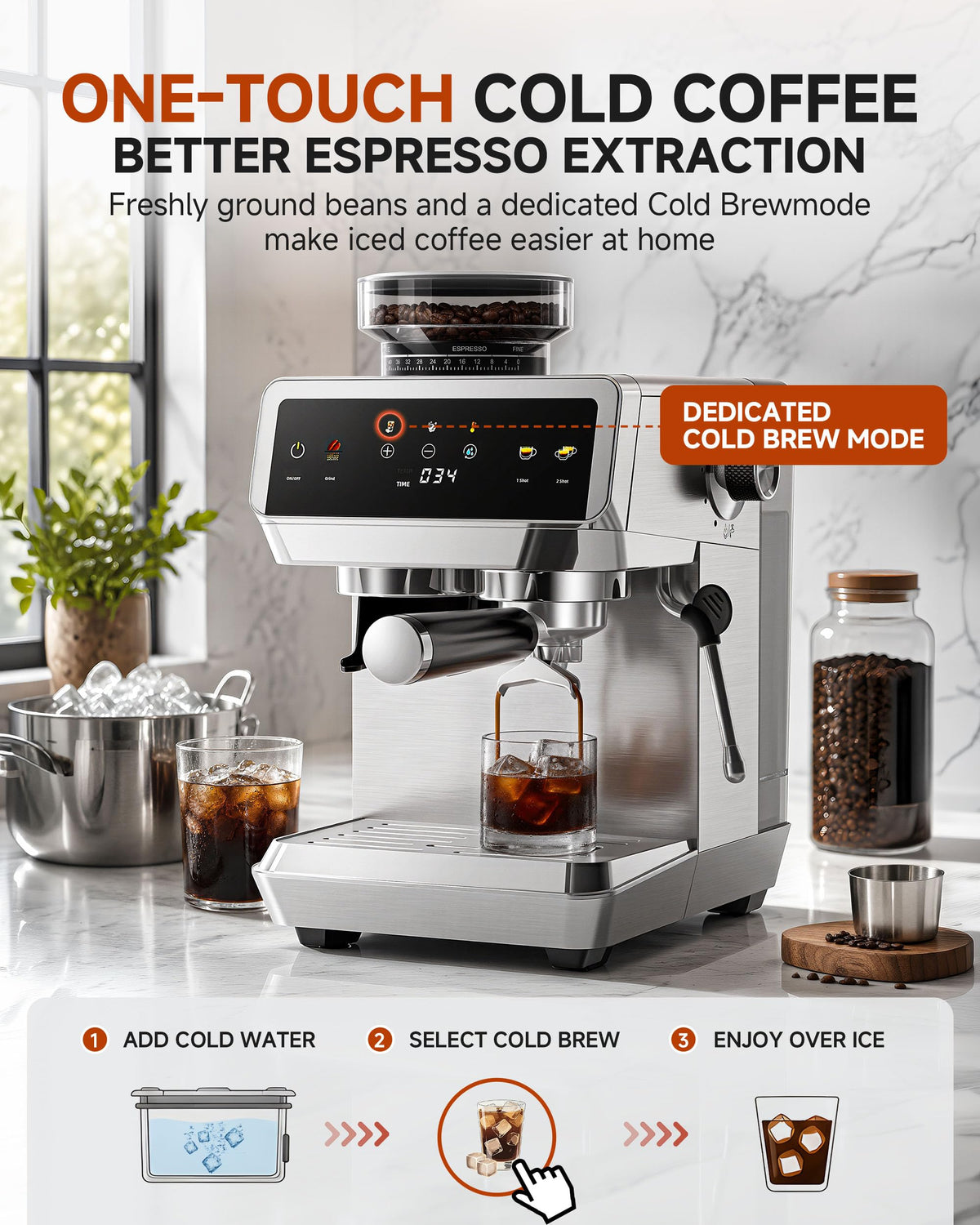 Espresso Machine With Grinder, Temp Control, 44 Grind Settings O650914