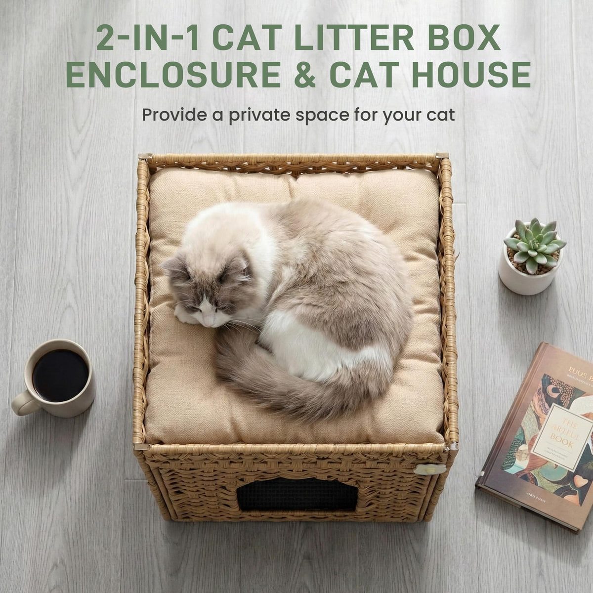 Rattan Cat Litter Box Enclosure Cabinet with Mat C258201