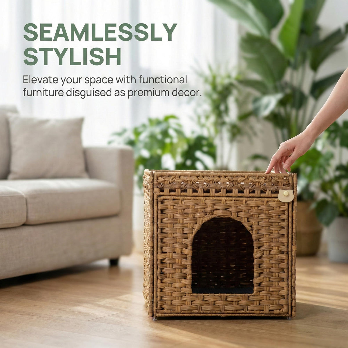 Rattan Cat Litter Box Enclosure Cabinet with Mat C258201