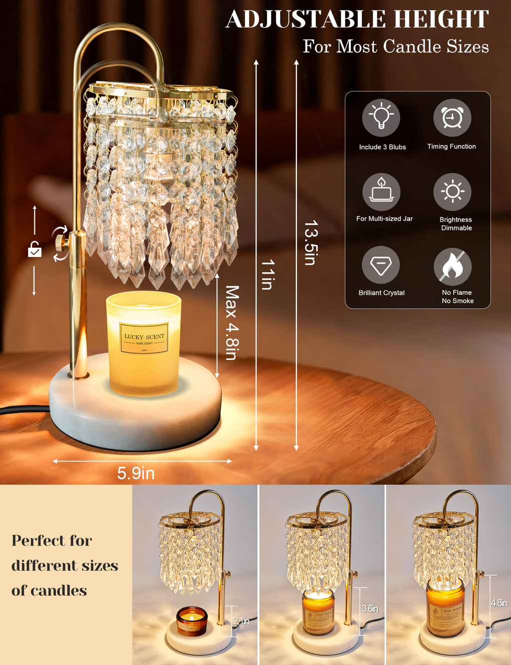 Candle Warmer Lamp with Timer Dimmable Adjustable Height Gold Y541