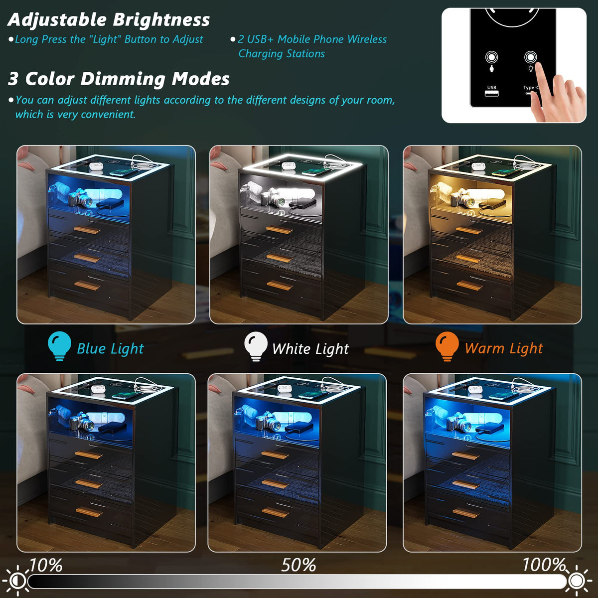 Black High Gloss Nightstand with Wireless Charging Station Y987