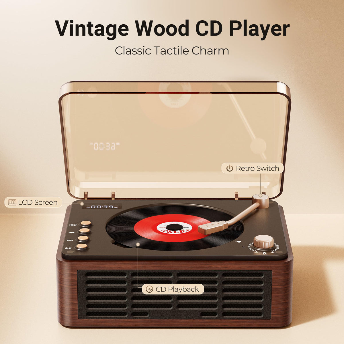Portable CD Player with Speaker, Bluetooth, FM Radio, Walnut Brown R534216