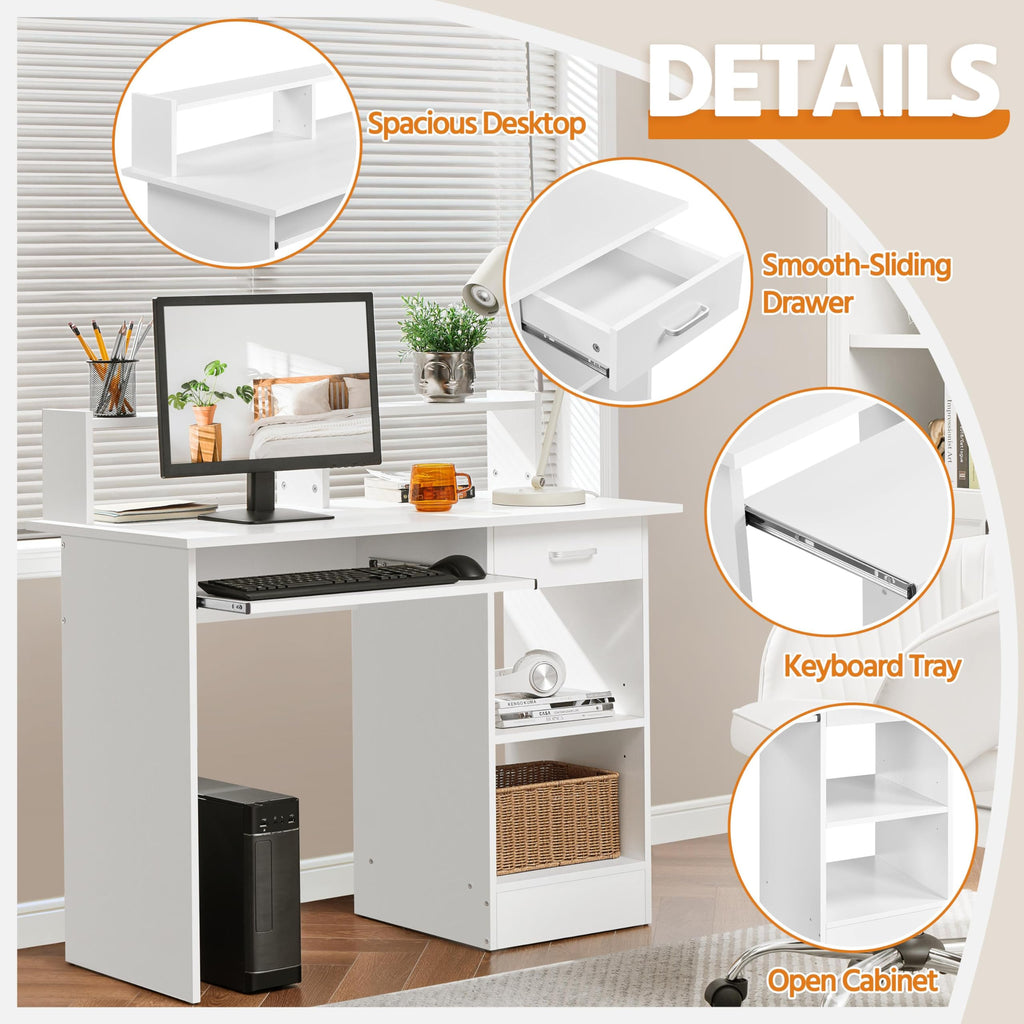 White Computer Desk with Keyboard Tray, Drawers, and Shelves R26811