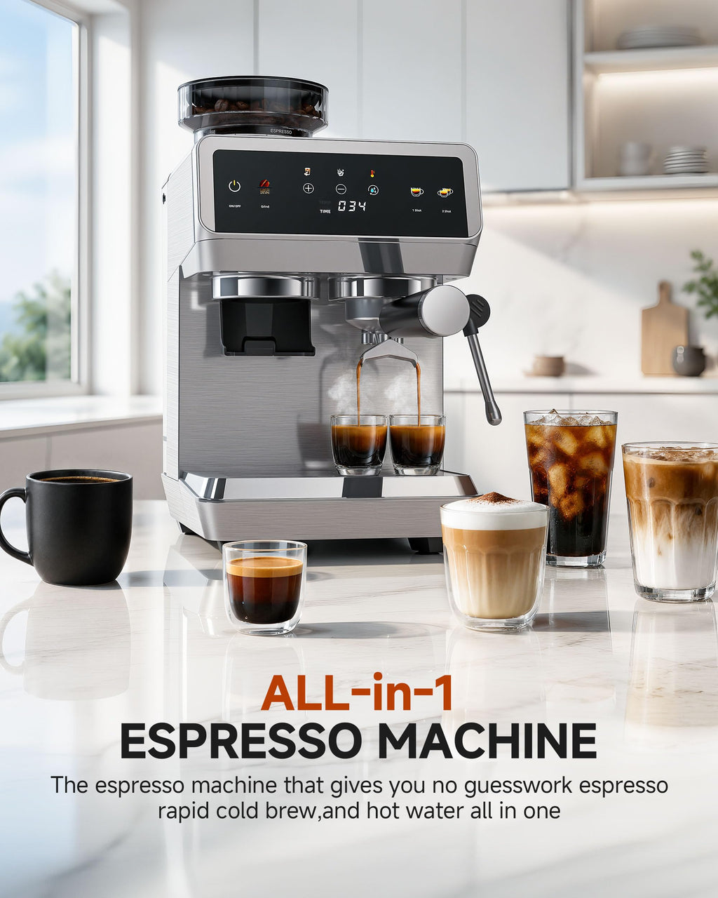 Espresso Machine With Grinder, Temp Control, 44 Grind Settings O650914