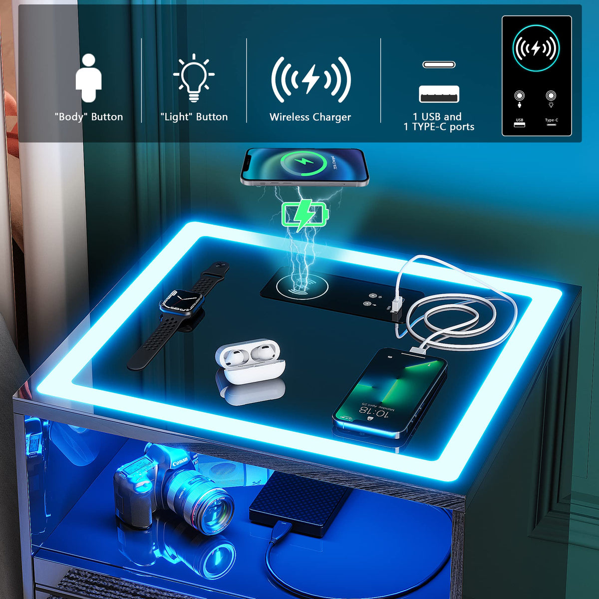 Black High Gloss Nightstand with Wireless Charging Station Y987