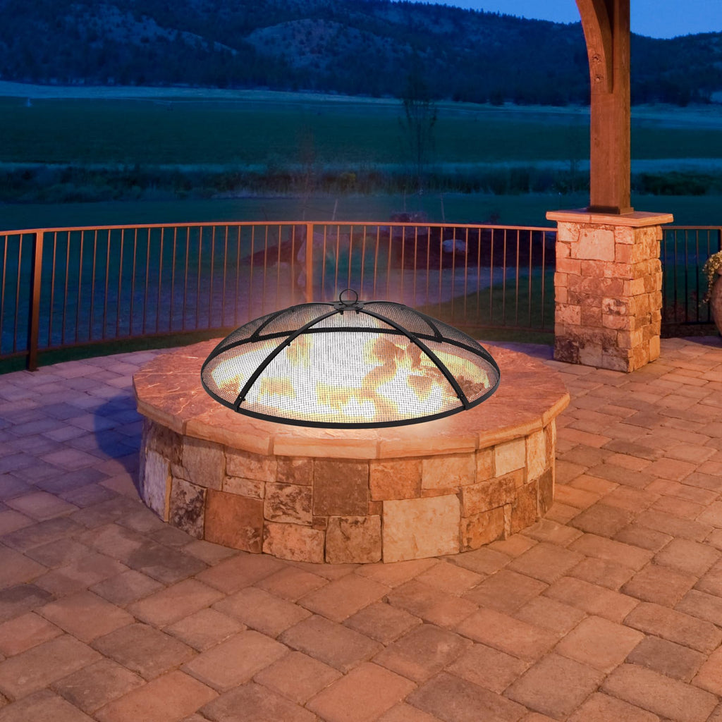 30 Inch Round Metal Fire Pit Spark Screen with Handle & Poker A96015