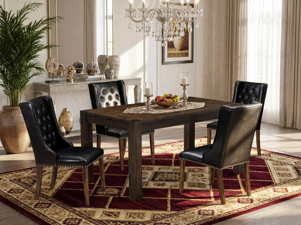5 Piece Rustic Wood Dining Table Set with 4 Black Faux Leather Chairs W21132