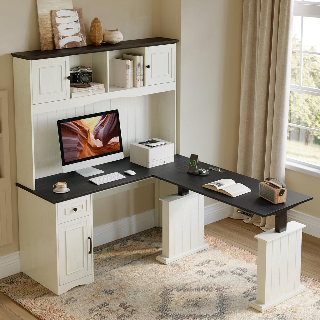 L Shaped Electric Standing Desk with Hutch and Drawers V33810