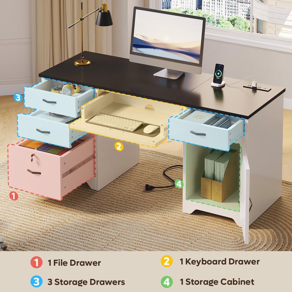 White Office Desk with Lockable Drawers and Charging Station O715