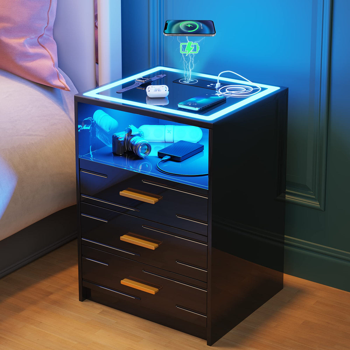 Black High Gloss Nightstand with Wireless Charging Station Y987