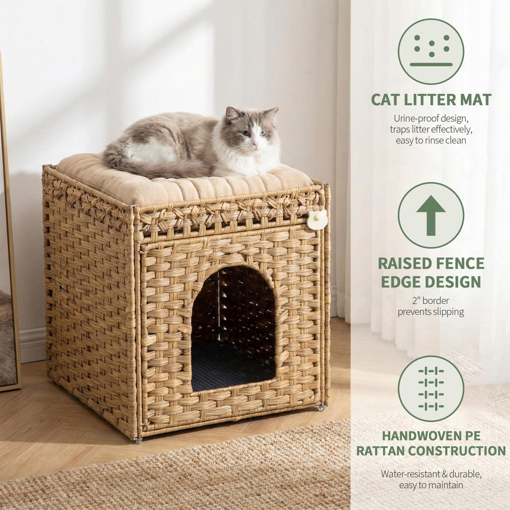 Rattan Cat Litter Box Enclosure Cabinet with Mat C258201
