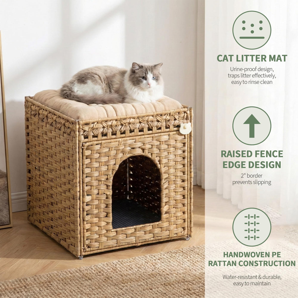 Rattan Cat Litter Box Enclosure Cabinet with Mat C258201