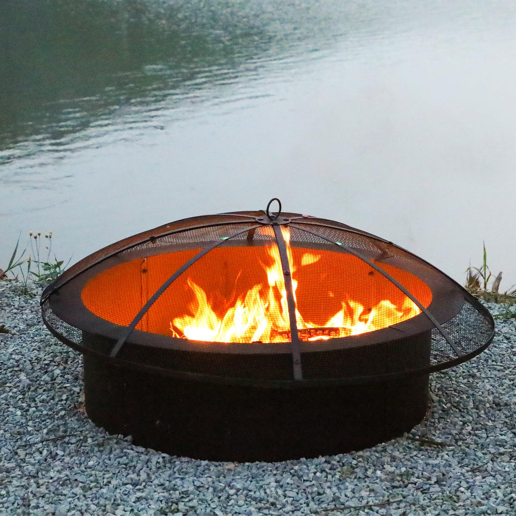 30 Inch Round Metal Fire Pit Spark Screen with Handle & Poker A96015