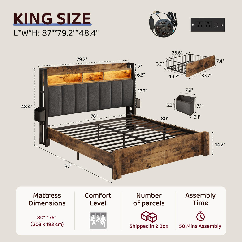 King Size Wood Bed Frame with 2 Storage Drawers L54597
