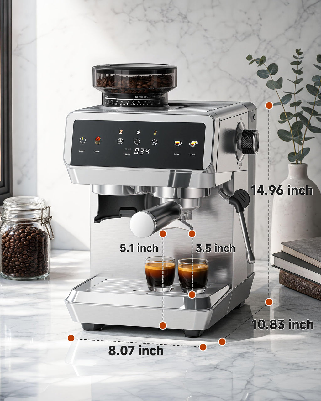 Espresso Machine With Grinder, Temp Control, 44 Grind Settings O650914