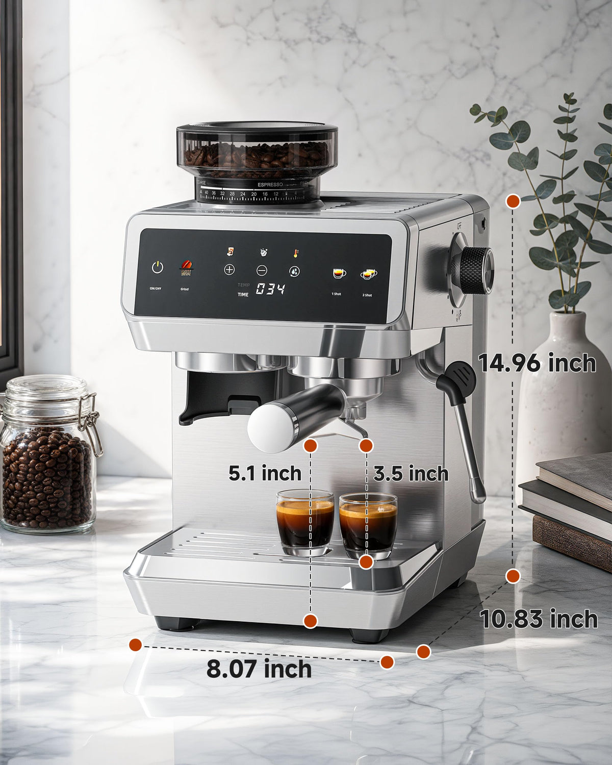 Espresso Machine With Grinder, Temp Control, 44 Grind Settings O650914