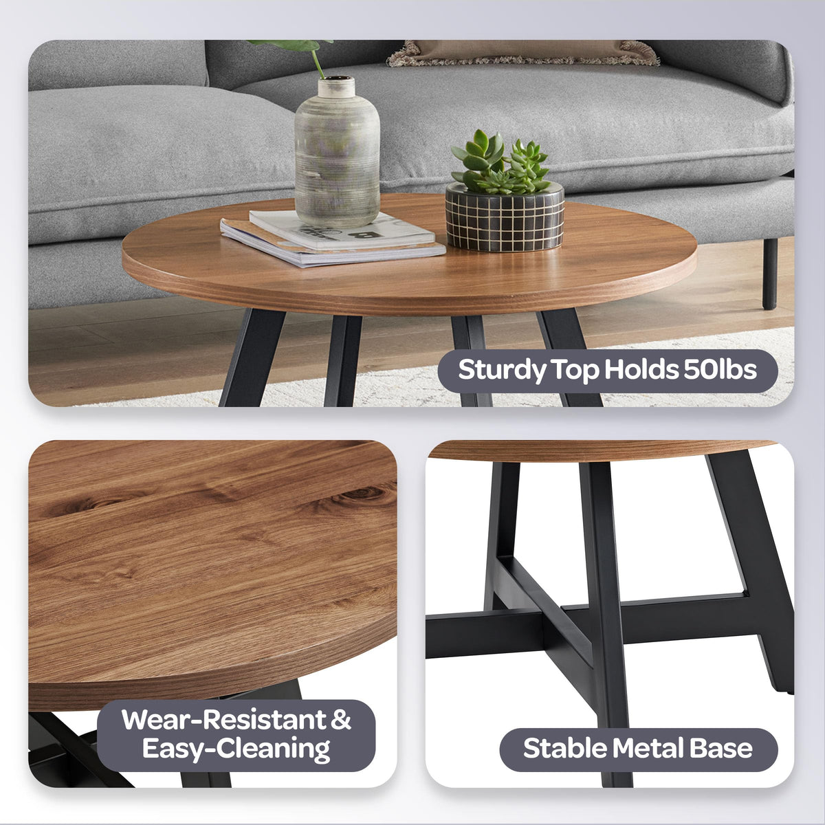 Round Wood Top Metal Base Coffee Table H35291