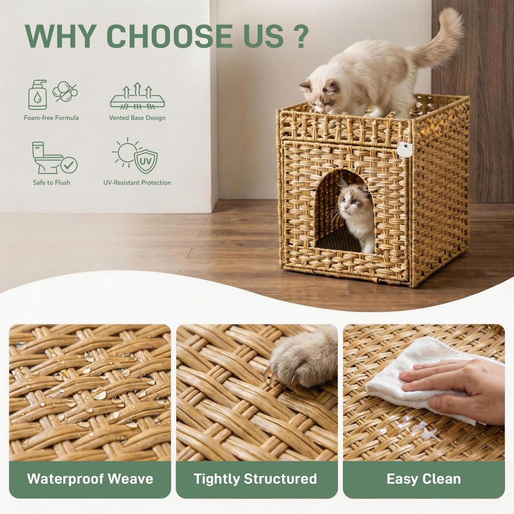 Rattan Cat Litter Box Enclosure Cabinet with Mat C258201