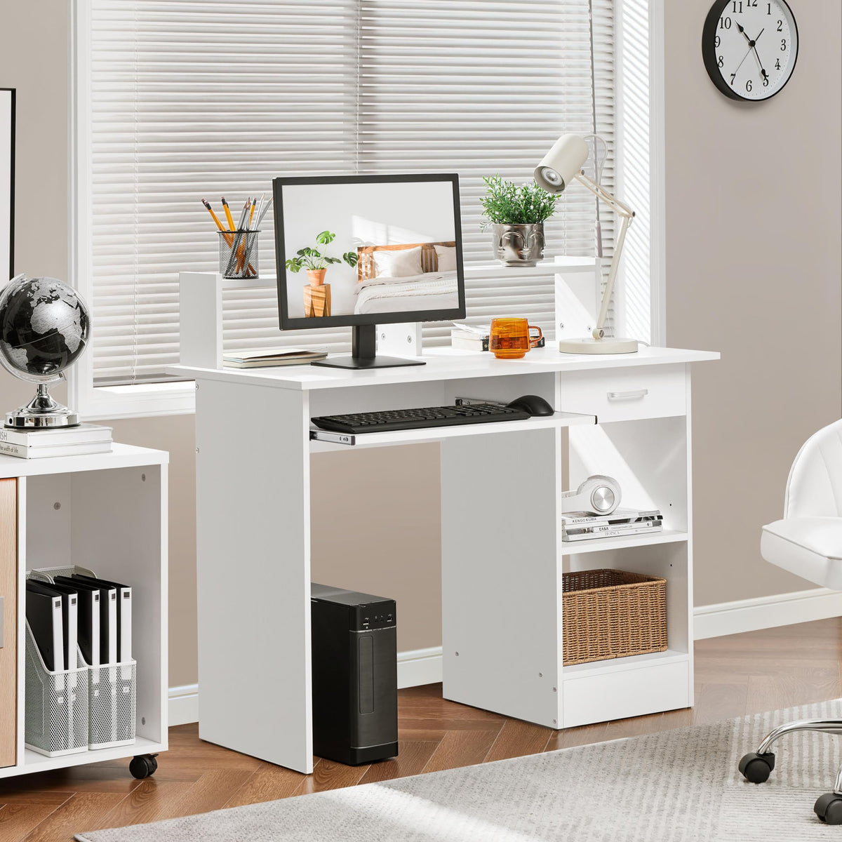 White Computer Desk with Keyboard Tray, Drawers, and Shelves R26811