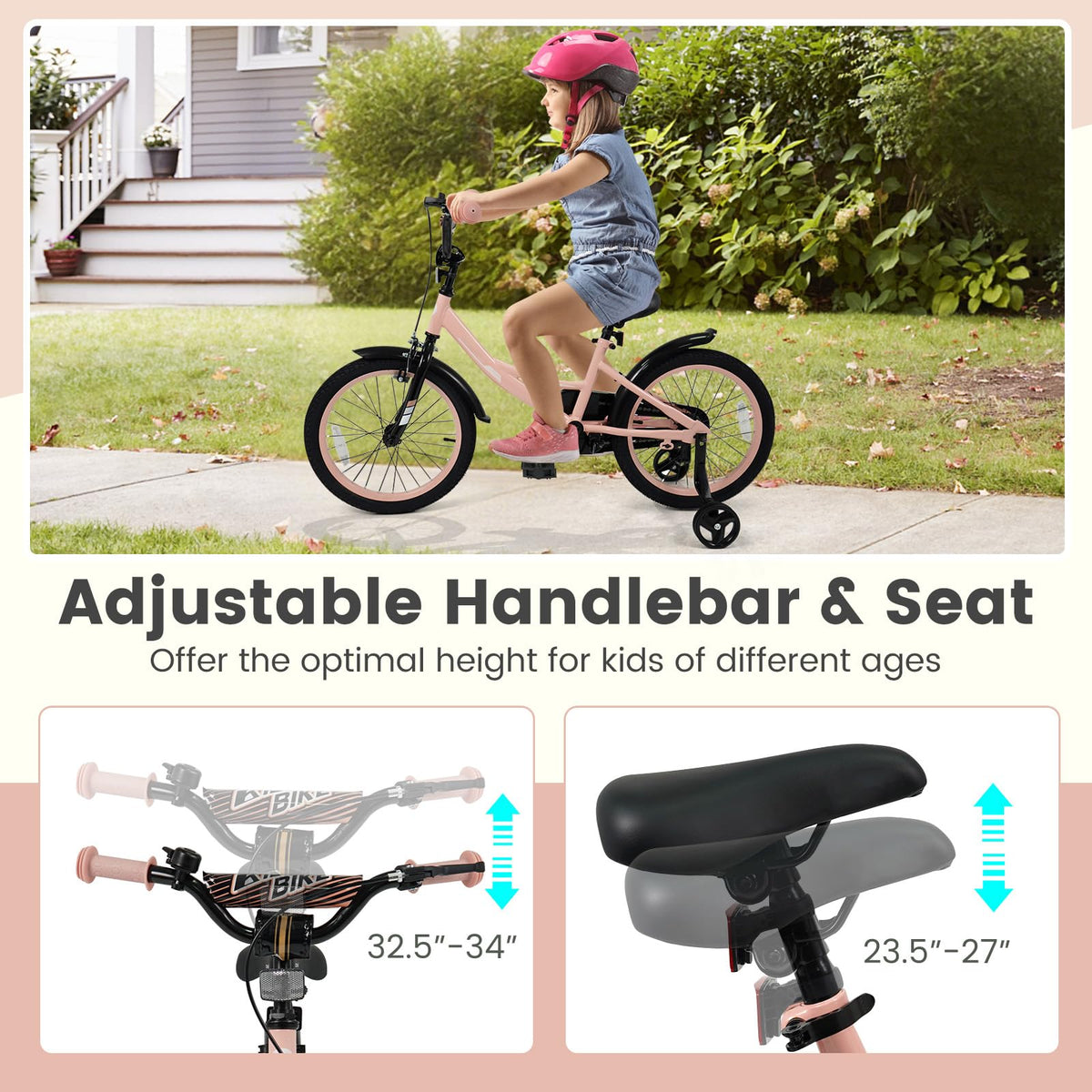 Kids Bike with Removable Training Wheels, Dual Brakes, Adjustable Seat & Handlebar S124