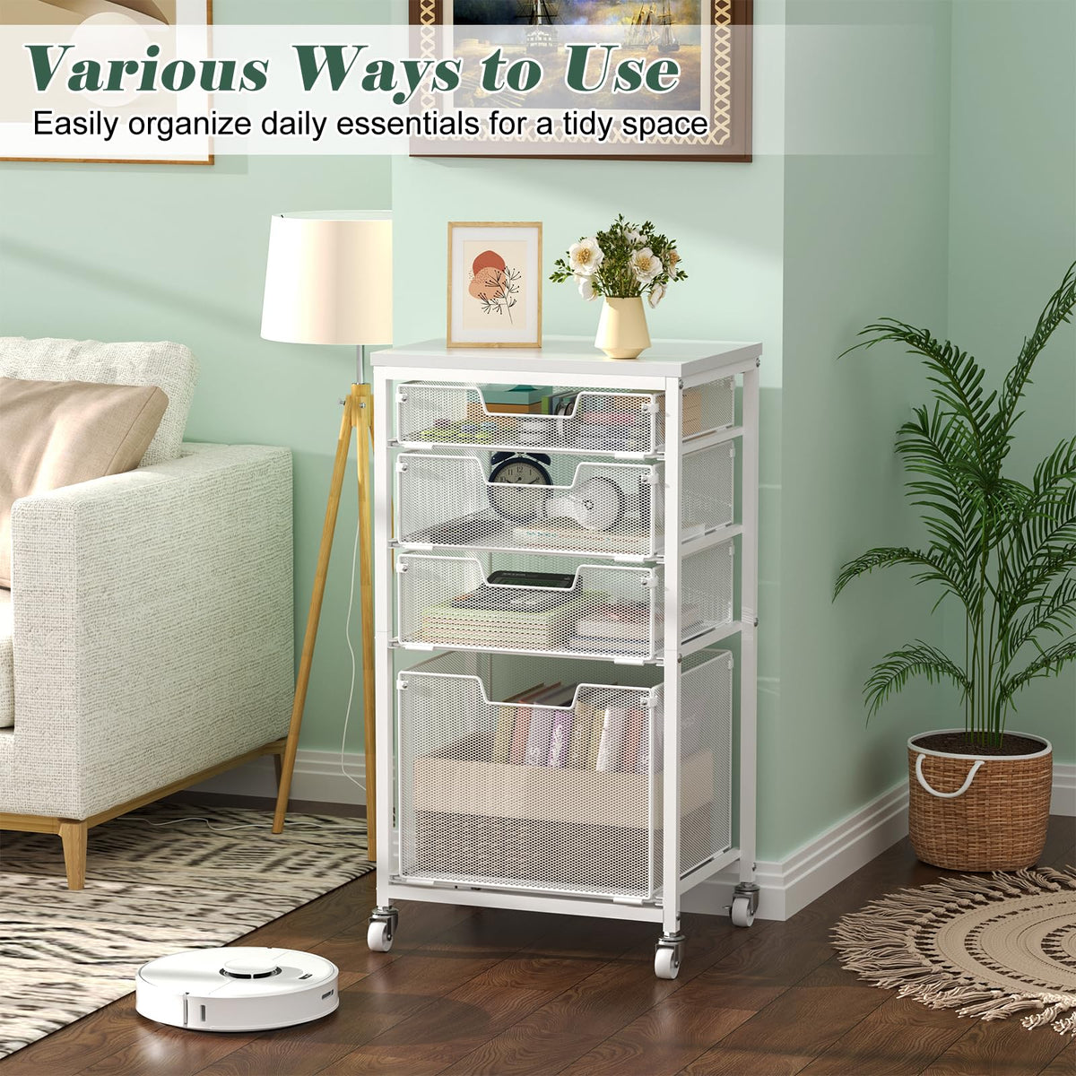 4 Drawer Rolling File Cart with Wheels, White A2195