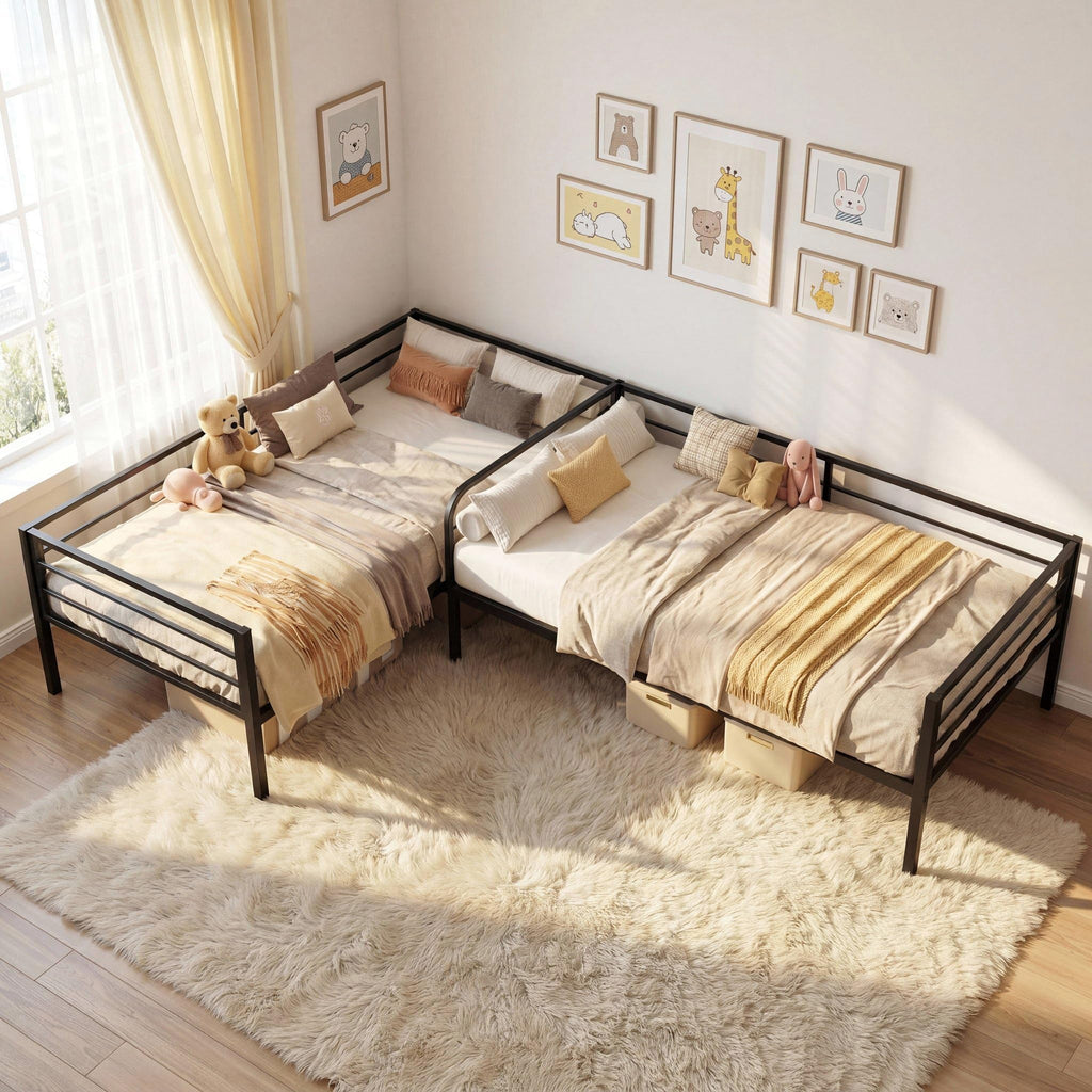 Black L Shaped Twin Beds with Rails O514818