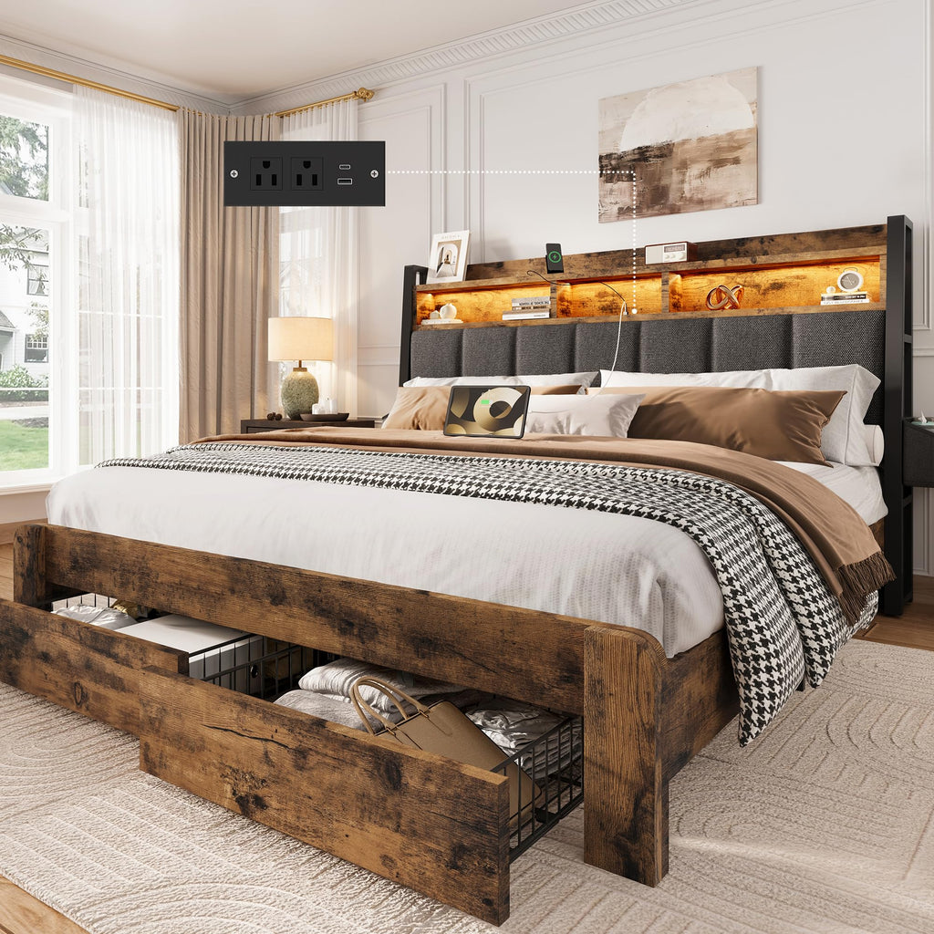 King Size Wood Bed Frame with 2 Storage Drawers L54597