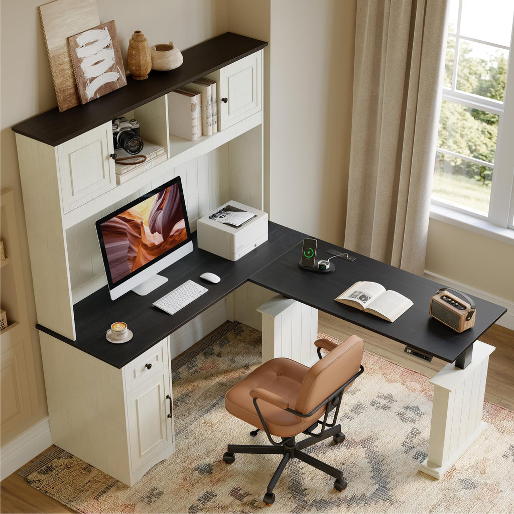 L Shaped Electric Standing Desk with Hutch and Drawers V33810