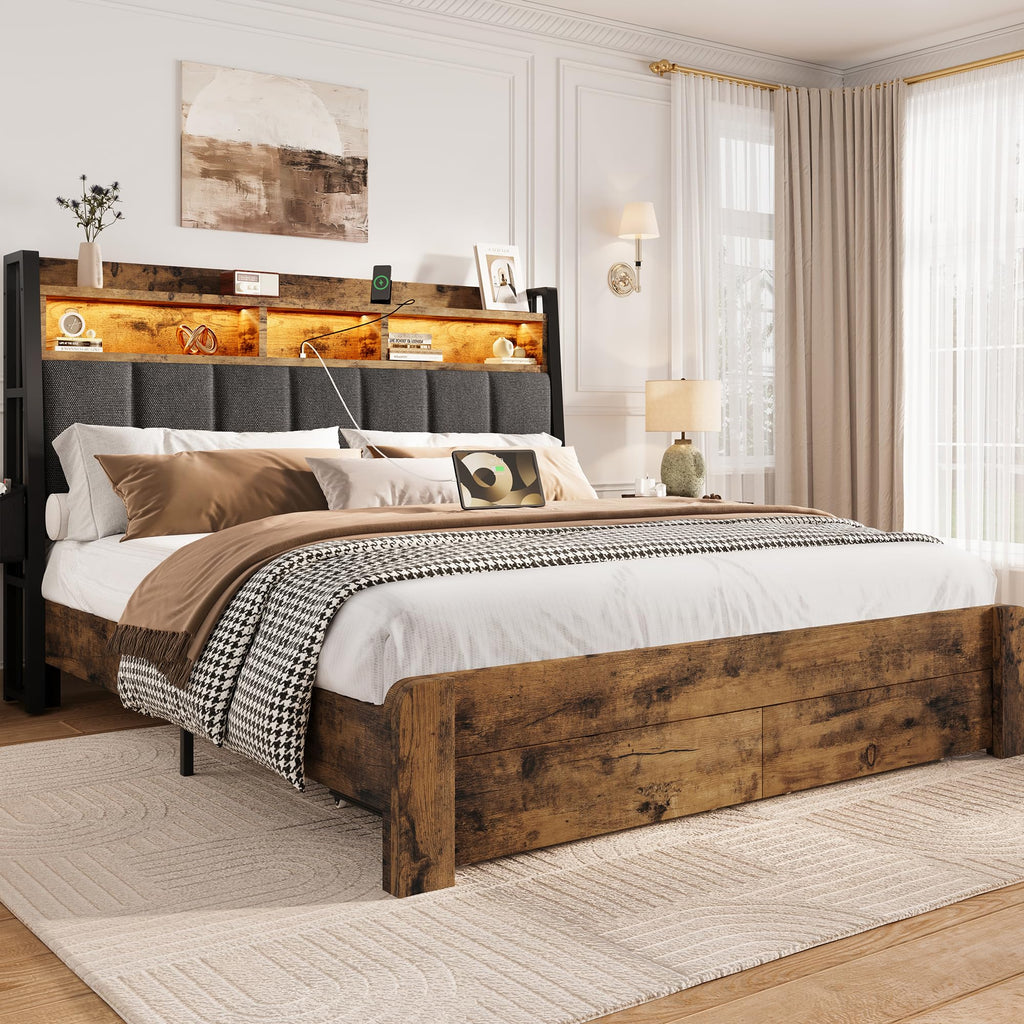King Size Wood Bed Frame with 2 Storage Drawers L54597