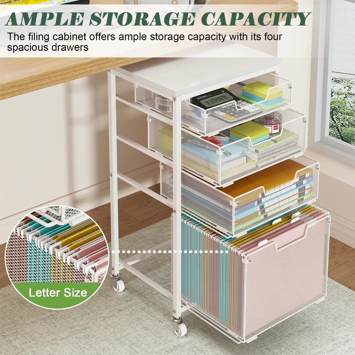 4 Drawer Rolling File Cart with Wheels, White A2195